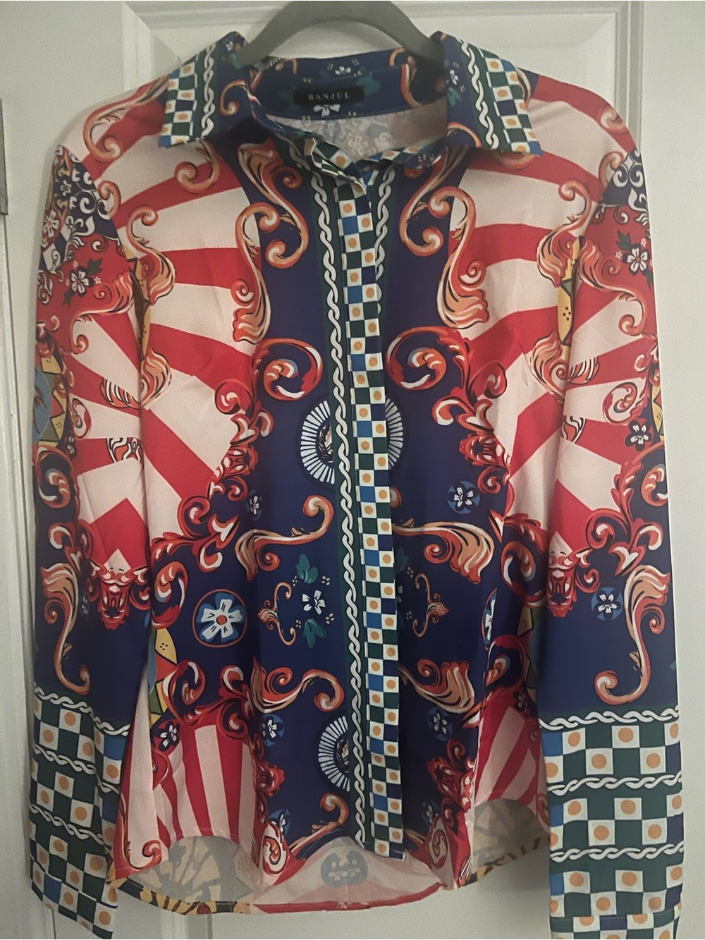 NWOT Never Worn Banjul Red & Navy Printed Women's Blouse Asian Size XL